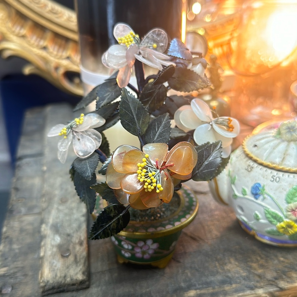 Vintage Asian Cloisonné Pot with Stone and Jade Flowers